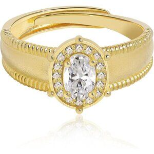 Sterling Silver Gold-Tone Oval Cut CZ Adjustable Solitaire Ring 5.5–9 NWT